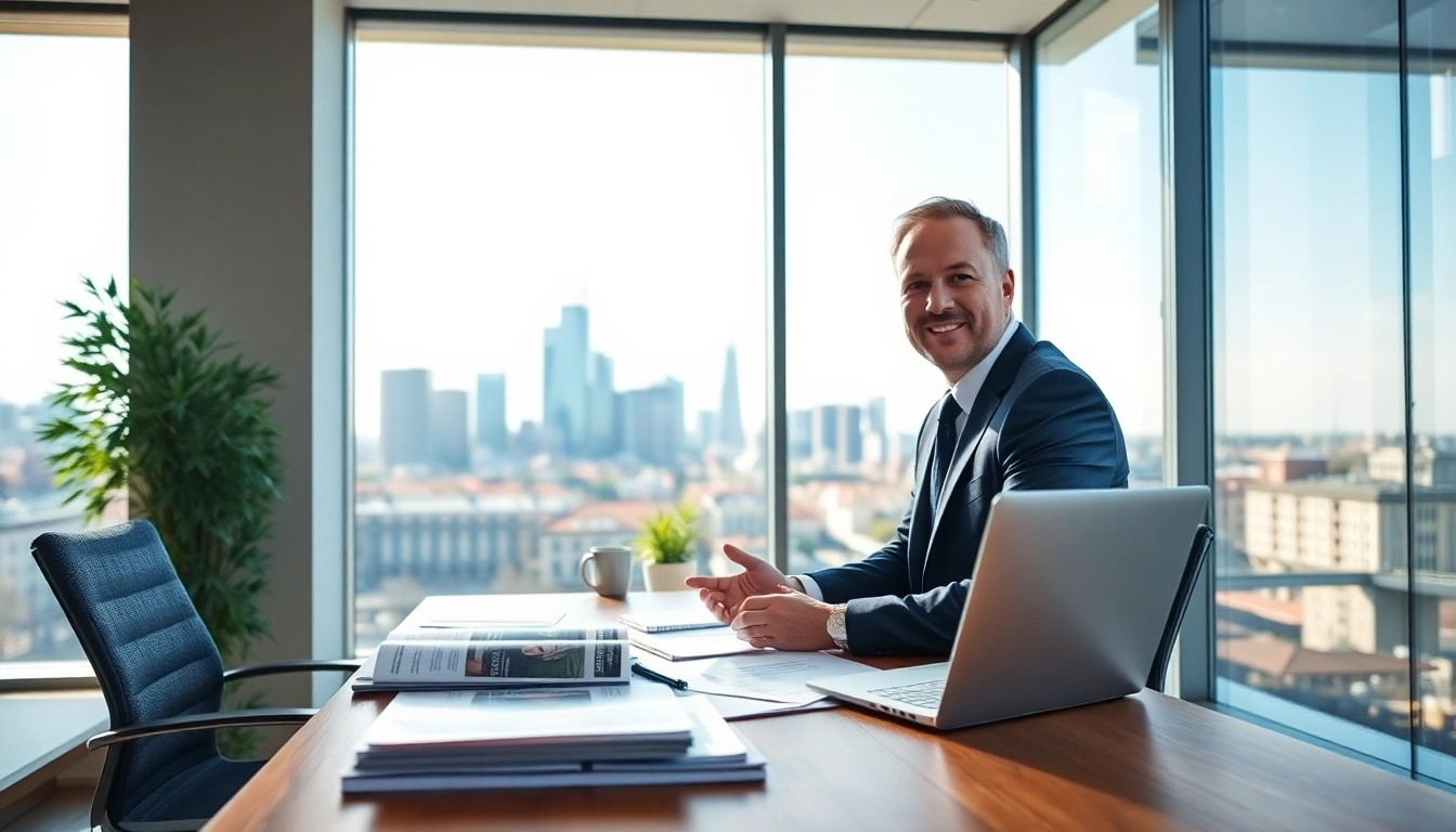 Immobilienmakler Frankfurt Eschersheim berät Kunden in einem modernen Büro mit Blick auf die Skyline.