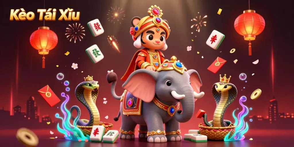 Engage with Kèo Tài Xỉu action in a vibrant 3D scene filled with cultural symbols and casino elements.