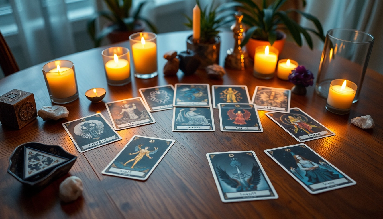 Erforschen Sie tarotkarten bedeutung mit einem eleganten Tarot-Kartenset auf einem Tisch.