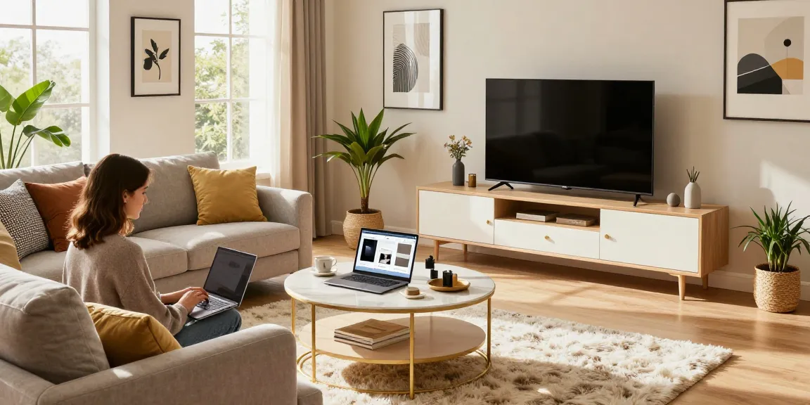 Stylische moderne Möbeloptionen erkunden, während Möbel online kaufen in einem gemütlichen Wohnzimmer-Ambiente.
