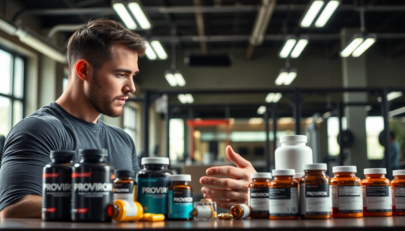 Proviron kaufen mit verschiedenen Supplementen auf einem Gym Tisch analysiert.