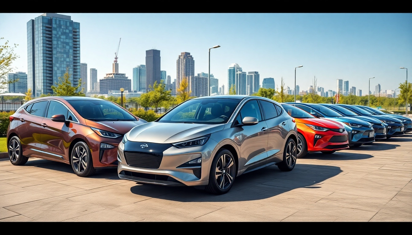 Elektroautos in einem modernen urbanen Umfeld mit eleganten Designs und energiegeladener Atmosphäre.