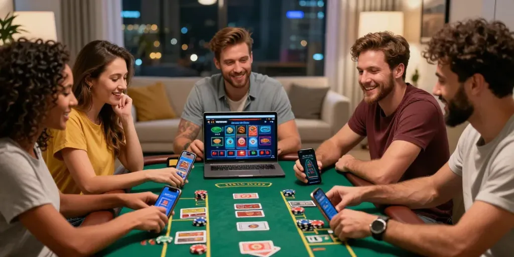 Freunde spielen gemeinsam mit einer Casino-App oder im Browser, lebhafte Unterhaltung in modernem Wohnzimmer.