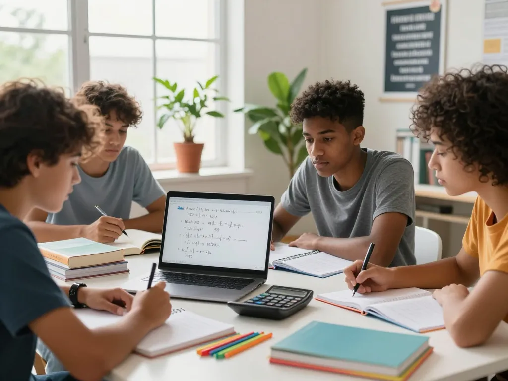 Schüler, die in einer lebhaften Lernumgebung zusammenarbeiten, um Hausaufgaben zu lösen, und dabei Teamarbeit und Bildungsressourcen zeigen.