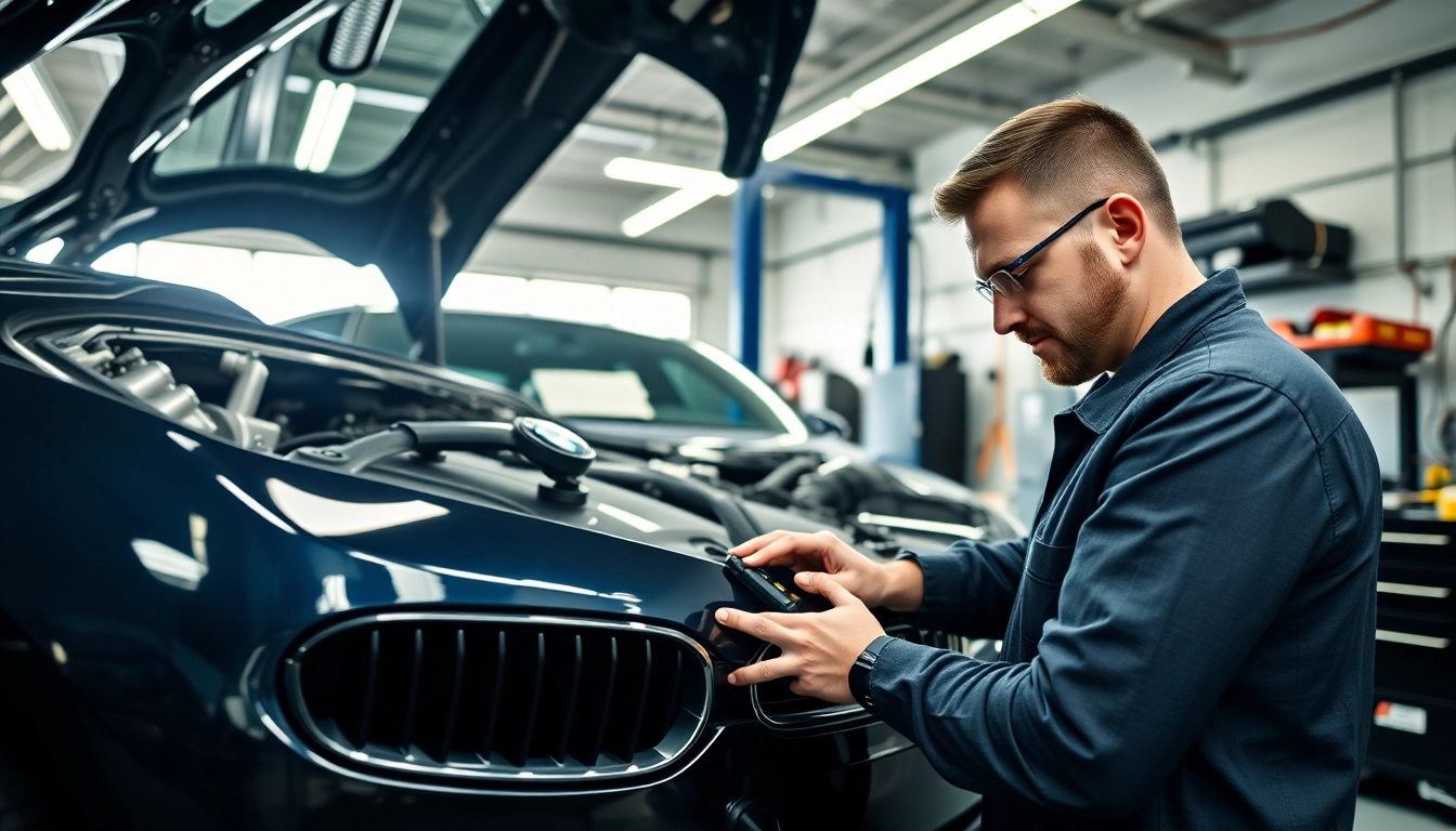 BMW Codierer repariert ein Fahrzeug in einer modernen Werkstatt.