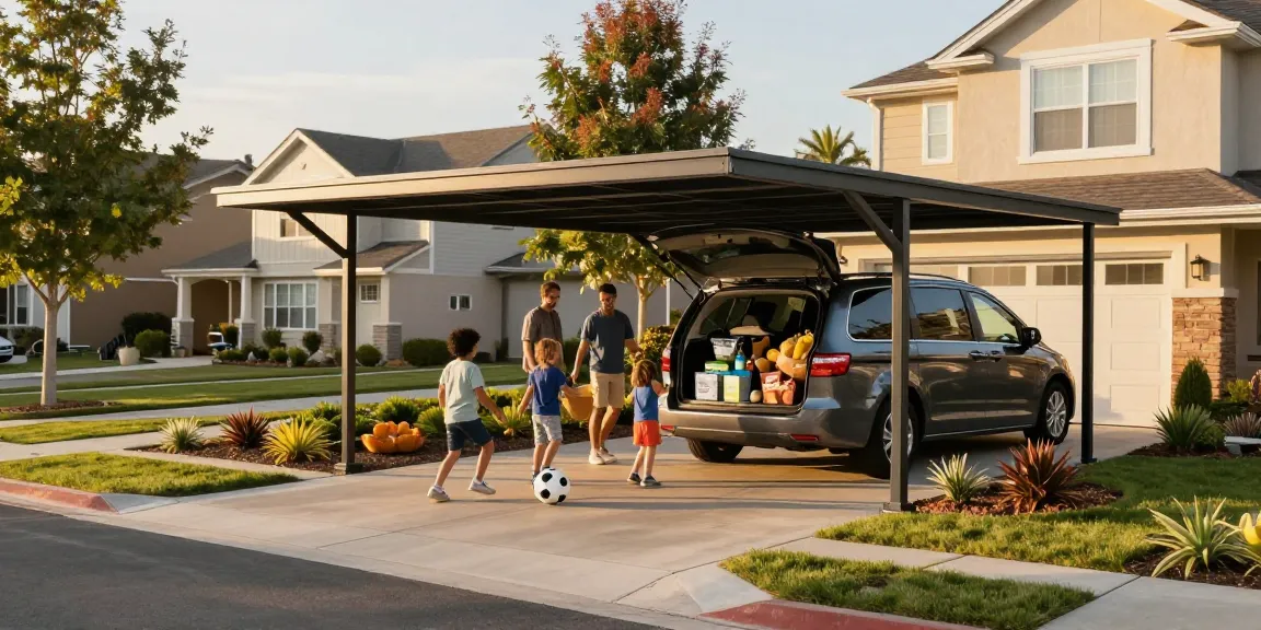 Carport schützt das Familienfahrzeug vor Witterungseinflüssen und schafft Platz für Aktivitäten im Freien.