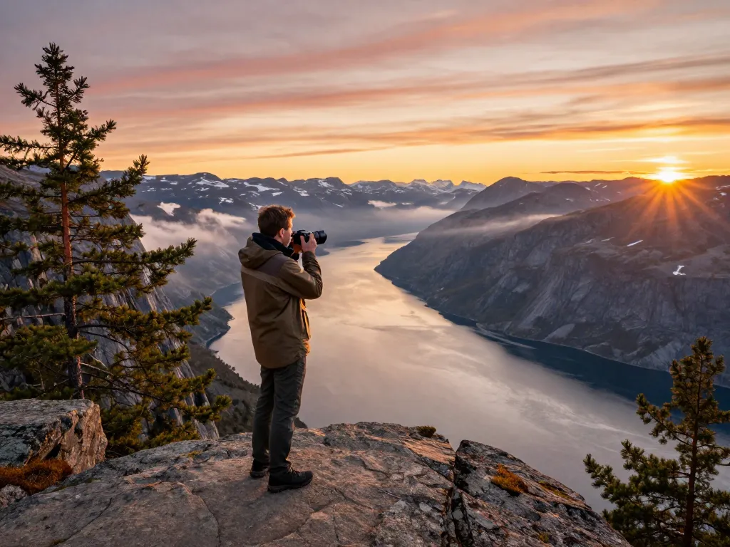 Skandinavien Reisetipps: Reisender an einem atemberaubenden norwegischen Fjord während des Sonnenuntergangs.