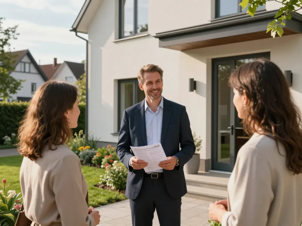 Immobilienmakler Frankfurt Ginnheim begrüßt Kunden am modernen Eingangsbereich einer Immobilie und zeigt professionelle Immobilienservices.