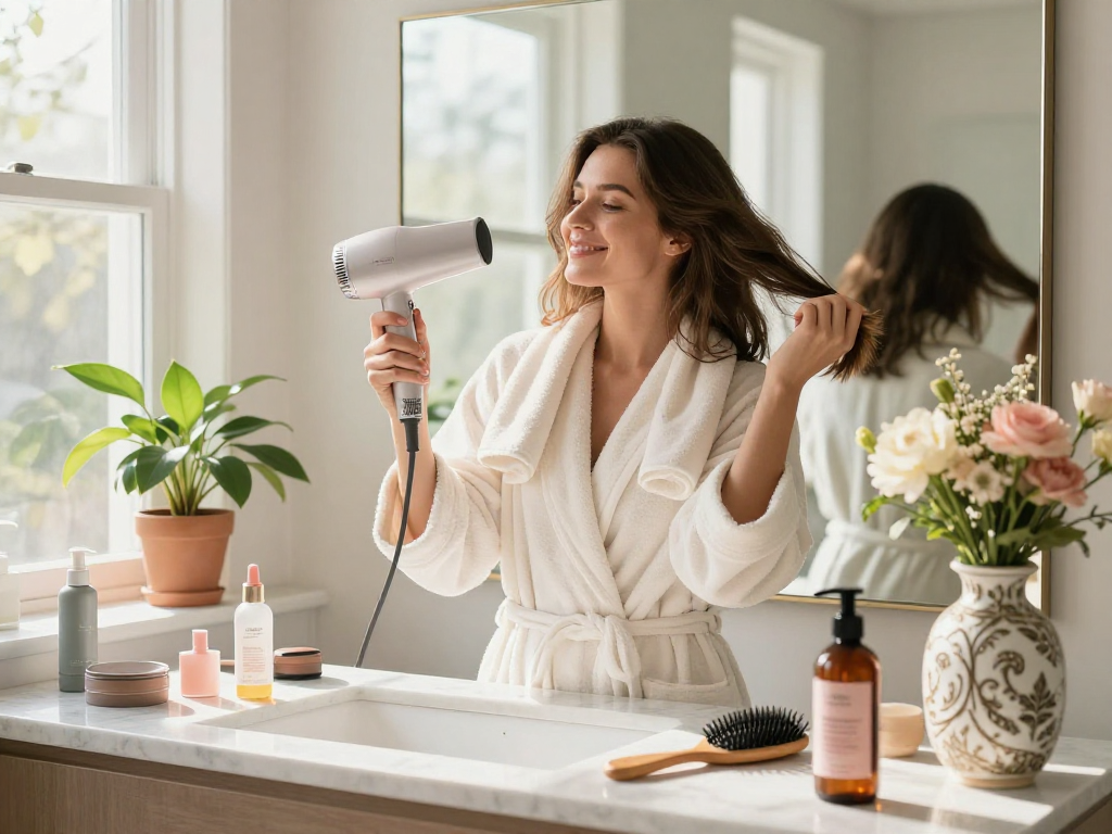 Young woman using a mini blow dryer in a beautifully lit bathroom, surrounded by hair products.