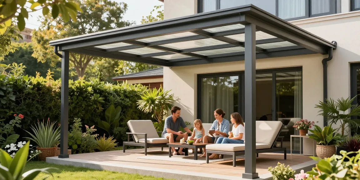 Moderne Terrassenüberdachung mit Familie im Freien, gemütliche Sitzgelegenheiten und grüner Umgebung.