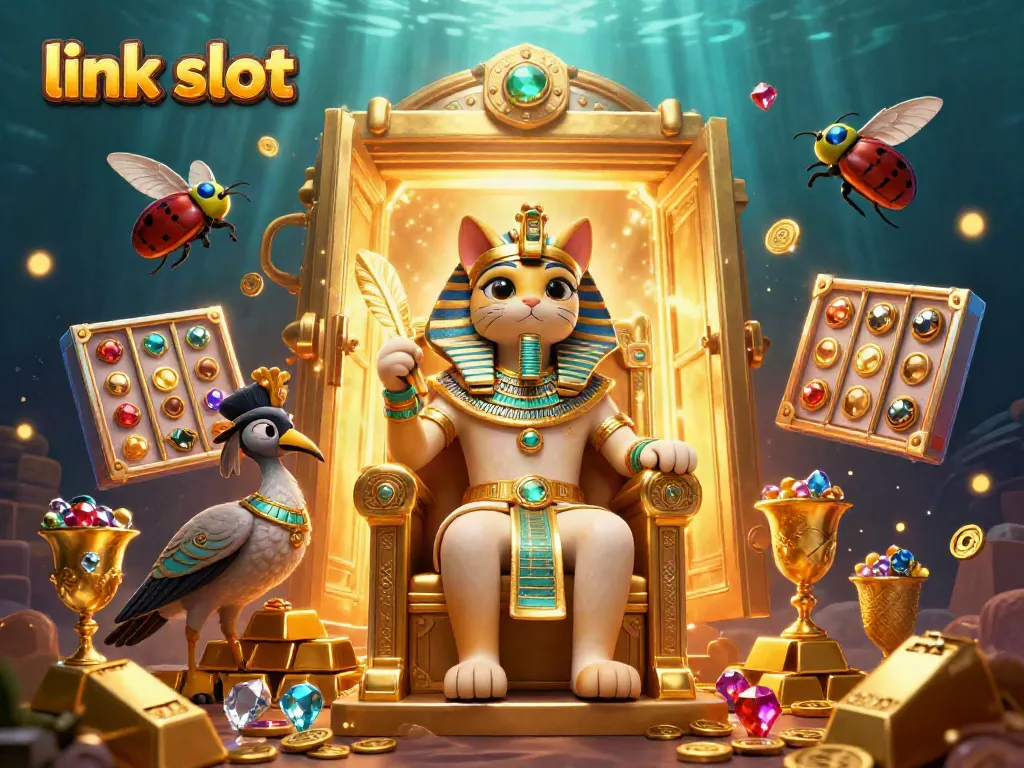Experience link slot excitement with vibrant characters and rich jackpot treasures in this detailed 3D illustration.
