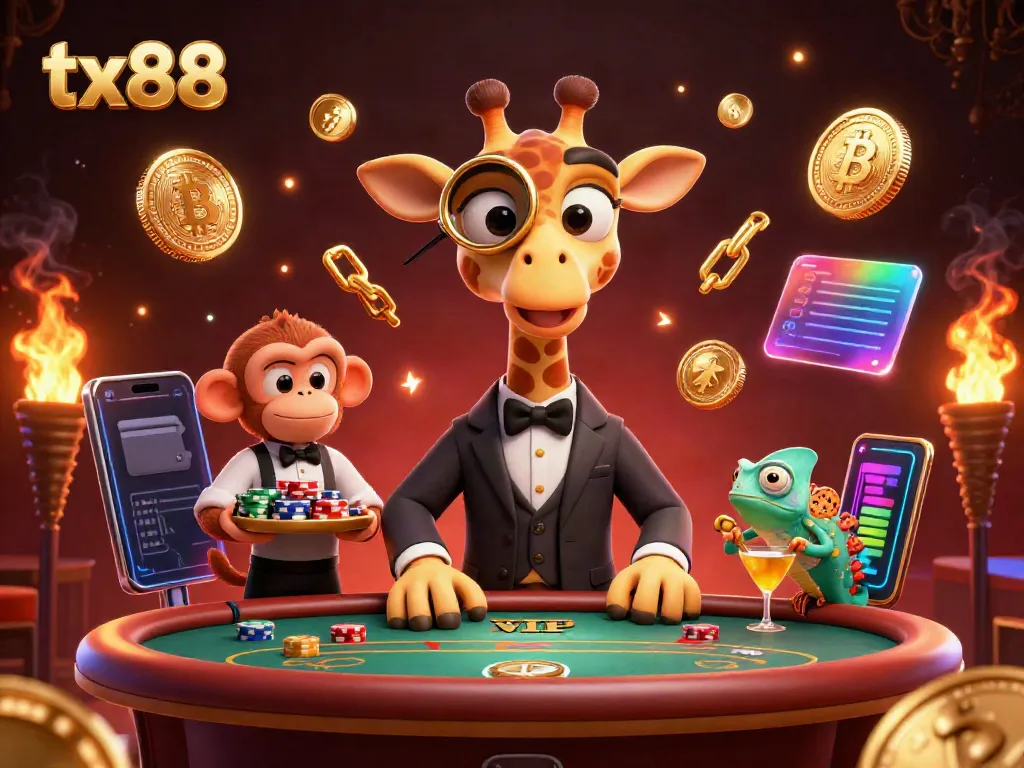 Experience thrilling gaming at tx88 with a 3D cartoon illustration of a high-roller giraffe and casino elements.