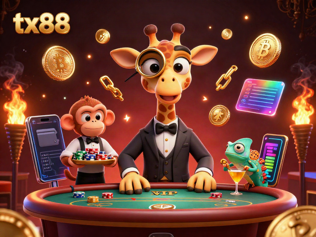 Experience thrilling gaming at tx88 with a 3D cartoon illustration of a high-roller giraffe and casino elements.