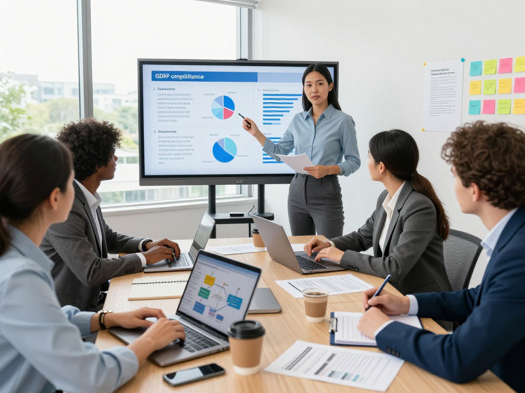 Collaborative professionals enhancing Wissen / Blog-Hub in a meeting about GDPR compliance and data protection strategies.