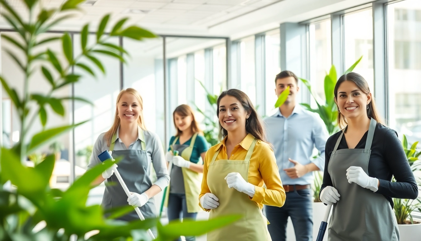Professionelle berlin gebäudereinigung in einem modernen Berliner Büro mit lächelnden Reinigungskräften.