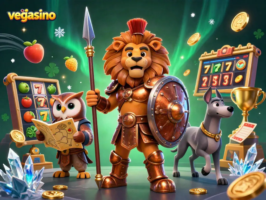 Engage with vegasino using this vibrant illustration featuring a Spartan lion, owl strategist, and greyhound messenger amidst casino elements.
