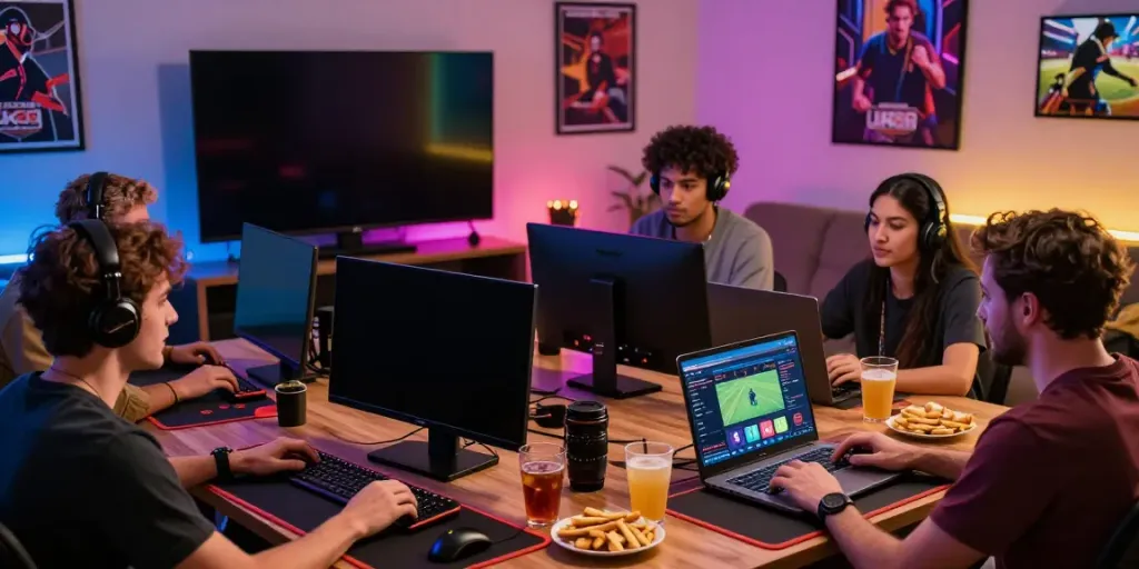 Friends enjoying online gambling at https://uk88.ad/ with smartphones and laptop in a vibrant, comfortable living room.