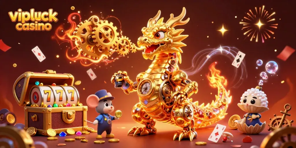 Experience thrilling gameplay at vipluck casino with a vibrant 3D dragon and casino elements
