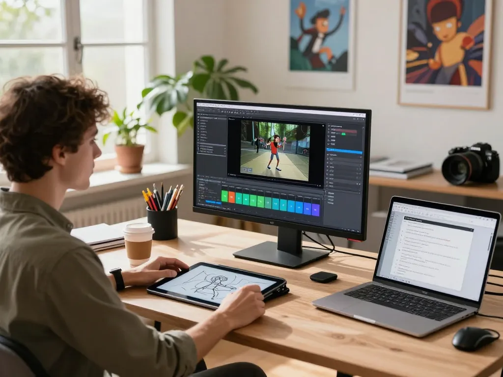 Kling 2.6 motion control workspace with digital artist using advanced tools for animation, showcasing creativity in tech.