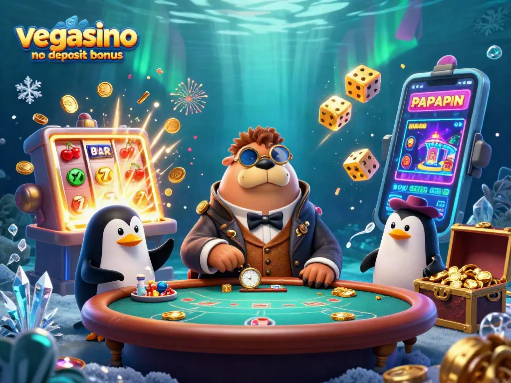 Catch the excitement of vegasino no deposit bonus with a jolly walrus and friends at a poker table.