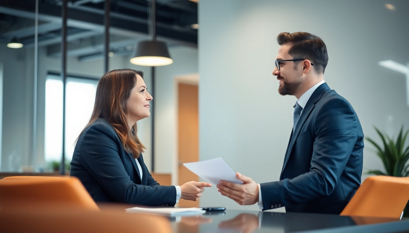 Headhunter im Gespräch mit einem Kandidaten in einer modernen Büroumgebung, professionelle Kommunikation.