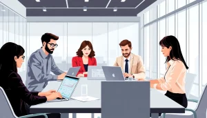 Professionals engaged in Unternehmensberatung discussions, showcasing teamwork and strategic planning in a modern office.