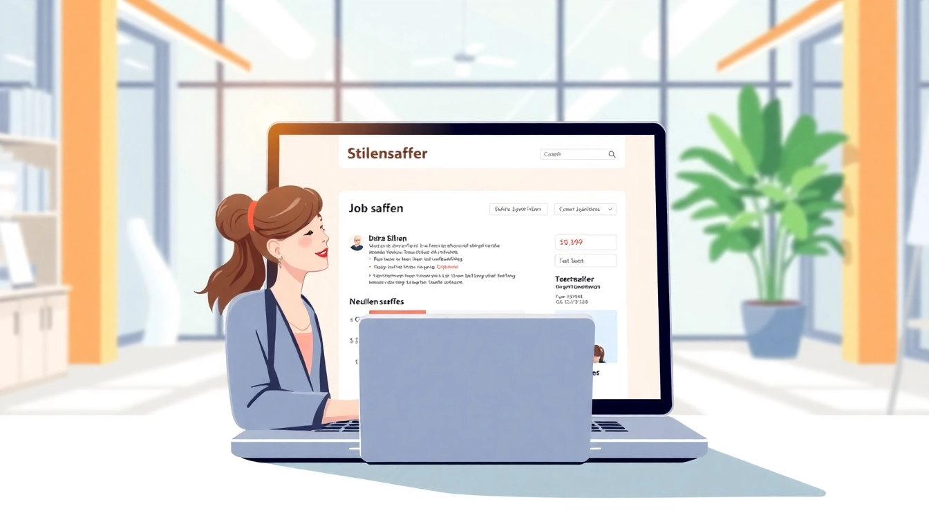 Job seekers exploring Stellenangebote on a laptop in an engaging office setting.