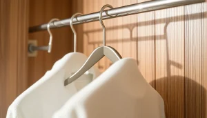 Stylishly showcasing Kleiderbügel Metall on a wooden wardrobe, emphasizing their sleek design and durability.