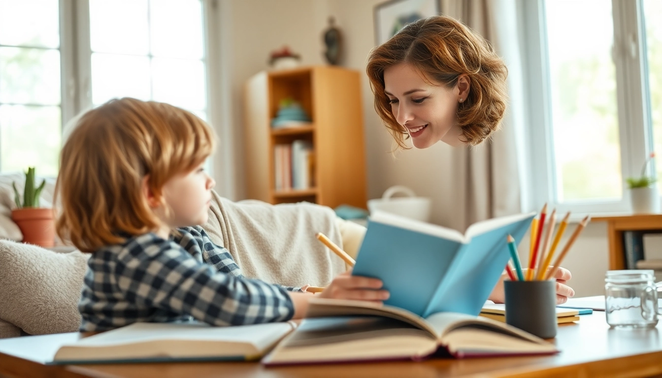 Erleben Sie Heimunterricht, während eine Mutter engagiert mit ihren Kindern im Wohnzimmer lernt, umgeben von Bildungsressourcen und kreativem Material.