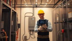 Technician performing a DGUV V3 Prüfung on electrical equipment in a modern workspace.