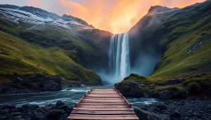 Erleben Sie die Reise nach Island mit diesem beeindruckenden Wasserfall und grünen Landschaften.