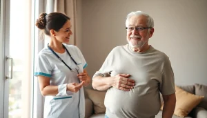 Pflegedienst: Eine Pflegekraft unterstützt einen älteren Menschen beim Ankleiden zu Hause in einer warmen und freundlichen Umgebung.