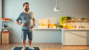 Glücklicher Mensch auf Waage, der Fortschritte beim Gewichtsverlust verfolgt und gesundes Leben durch frische Nahrungsmittel symbolisiert.