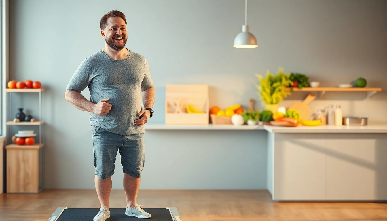 Glücklicher Mensch auf Waage, der Fortschritte beim Gewichtsverlust verfolgt und gesundes Leben durch frische Nahrungsmittel symbolisiert.