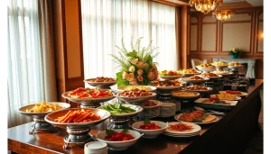 Experience exquisite buffet catering with a beautifully arranged spread of gourmet dishes and elegant table settings.