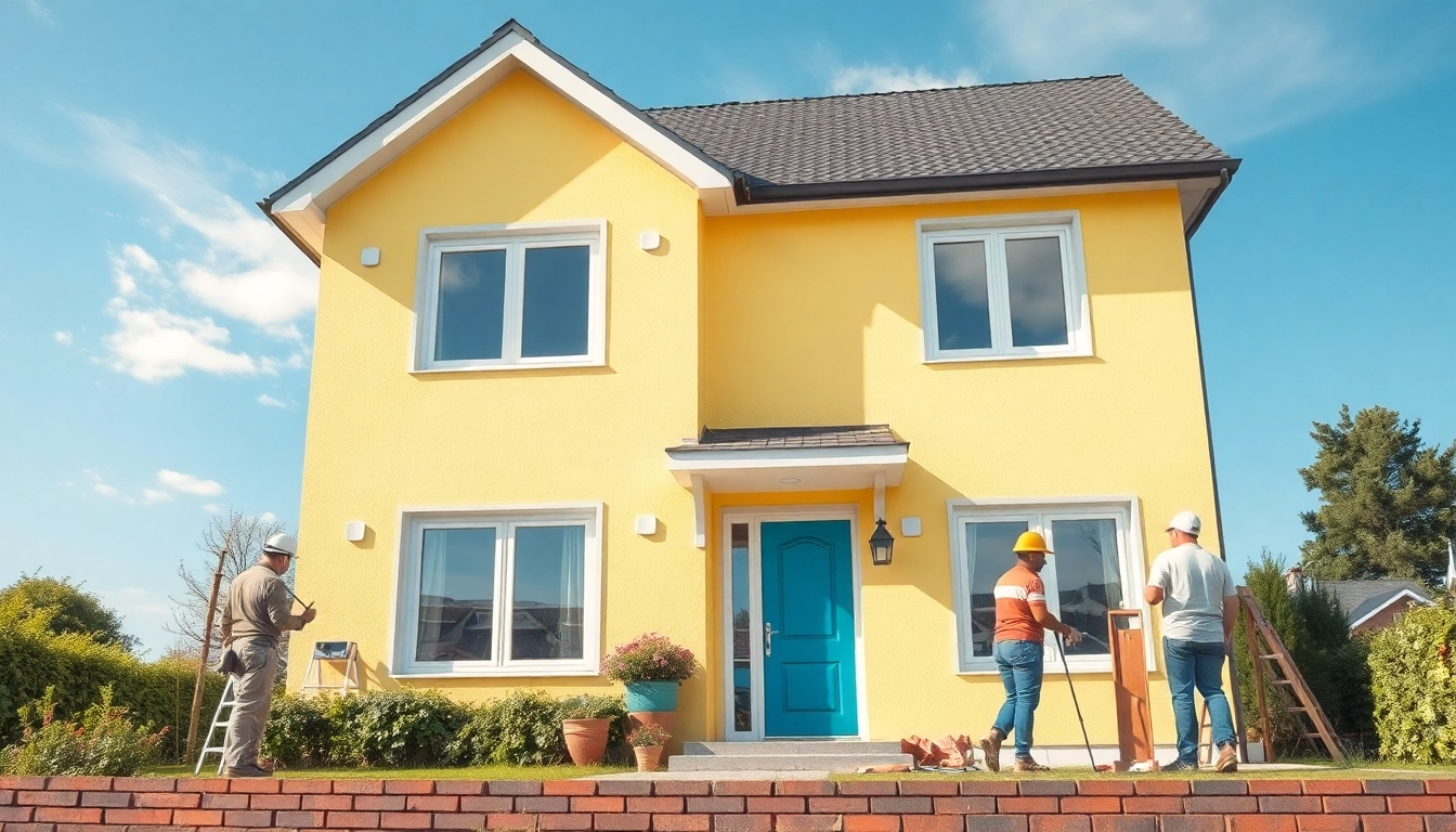 Hausrenovierung in Aktion: Handwerker streichen eine Fassade in frischen Farben mit Werkzeugen vor einem klaren Himmel.