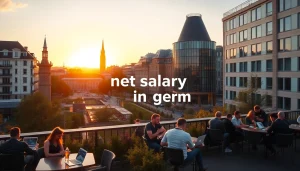 Exploring net salary in Germany through a vibrant urban scene depicting professionals balancing work and leisure.