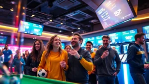 Wettanbieter ohne LUGAS: Menschen genießen Sportwetten in einem modernen Wettbüro.