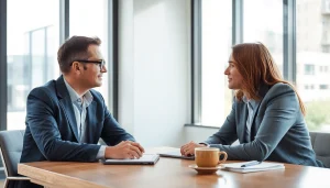 Top Vertriebsmitarbeiter rekrutieren: Ein Manager berät sich mit einem talentierten Vertriebsmitarbeiter in einem modernen Büro.