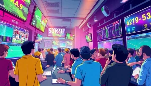 Engage in crypto sports betting with excited bettors in a modern betting lounge.