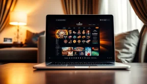 Erleben Sie die besten Online-Casinos in einem modernen Spielumfeld mit einem eleganten Laptop.