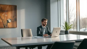 Headhunter Wolfsburg in modernem Büro bei der Arbeit am Laptop.