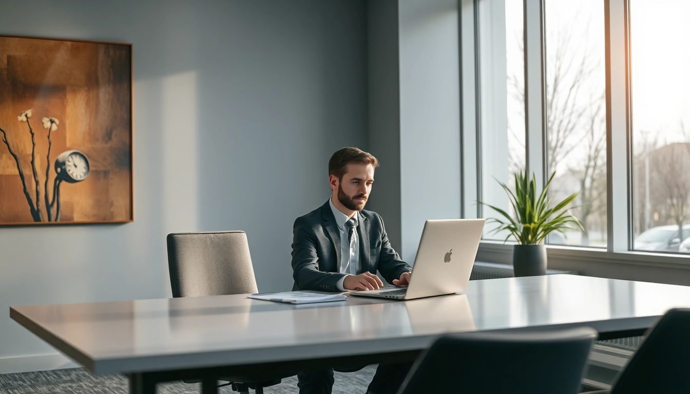 Headhunter Wolfsburg in modernem Büro bei der Arbeit am Laptop.