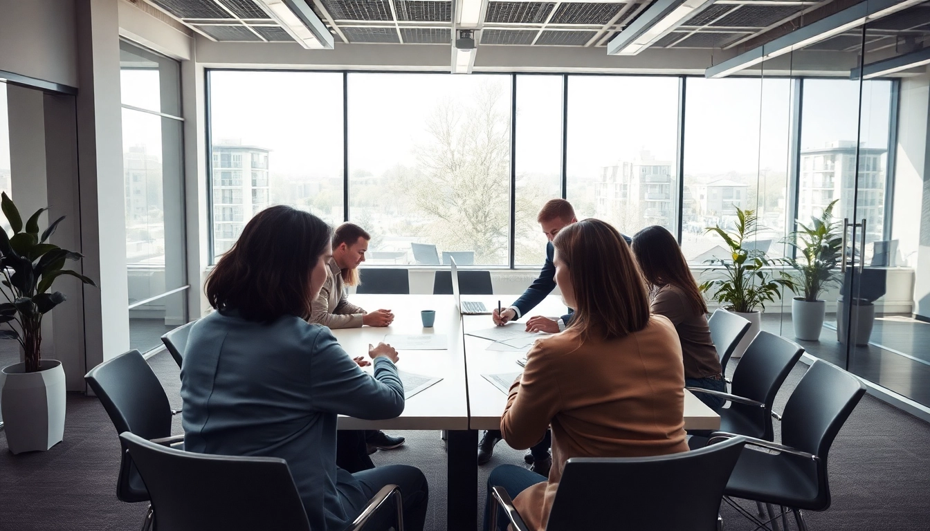 Menschen engagiert in der Personalvermittlung in einem modernen Büro, fokussiert auf den Austausch über Bewerbungen.