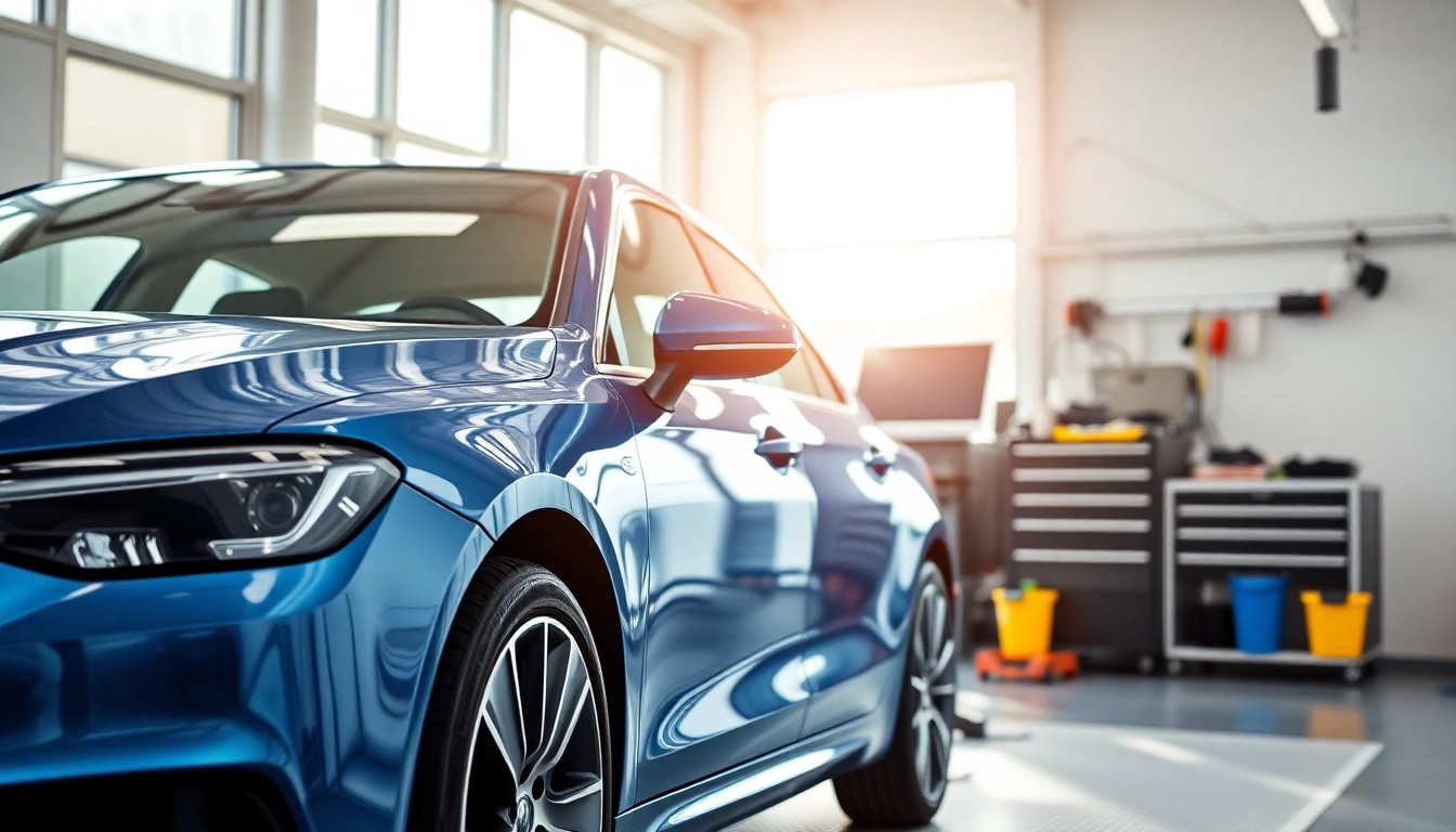 Leasing Aufbereitung Preise München: Glänzendes Leasingfahrzeug in einem professionellen Autoaufbereitungszentrum mit modernen Reinigungswerkzeugen.