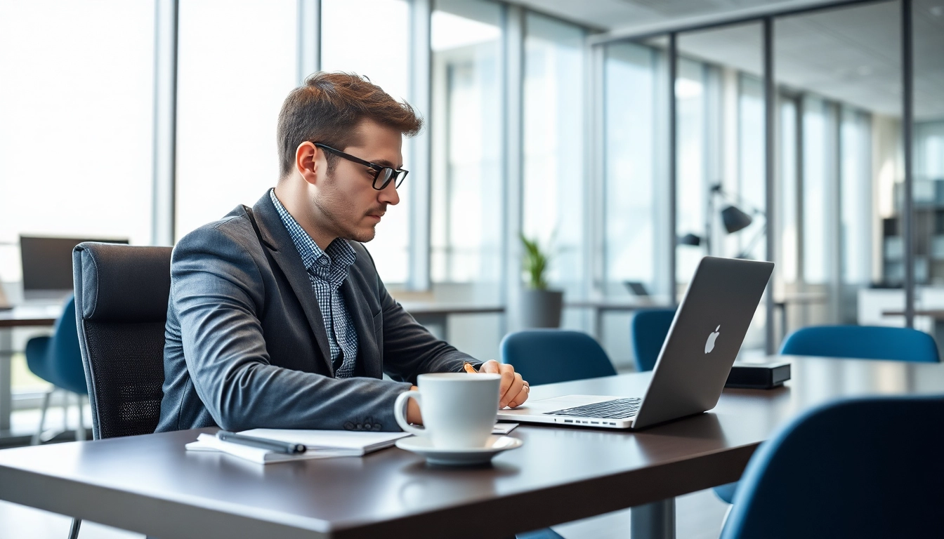 Headhunter IT-Experte, der konzentriert an einem Schreibtisch arbeitet, um IT-Positionen zu besetzen.