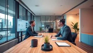 Headhunter Leverkusen berät Klienten in einem modernen Büro, um optimale Personalvermittlung zu gewährleisten.