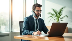 Headhunter in einem modernen Büro am Telefon, umgeben von Notizen und Laptop.