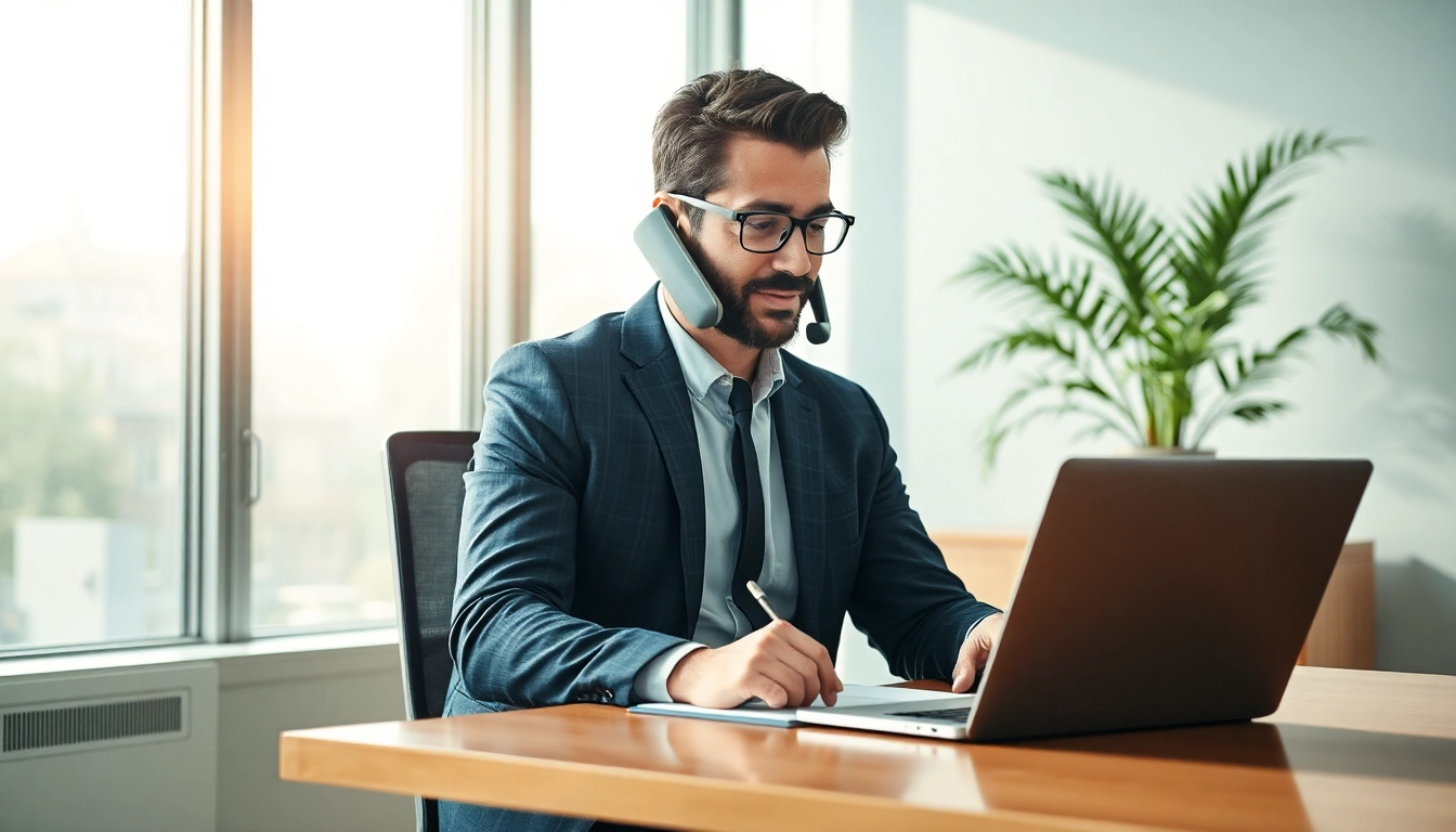 Headhunter in einem modernen Büro am Telefon, umgeben von Notizen und Laptop.
