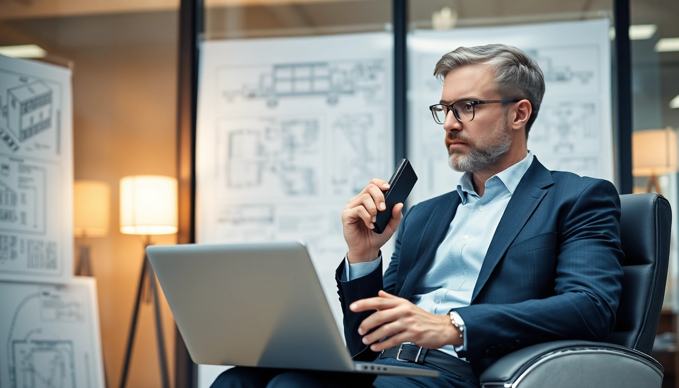 Headhunter Baubranche, professioneller Headhunter im Büro mit Bauplänen.